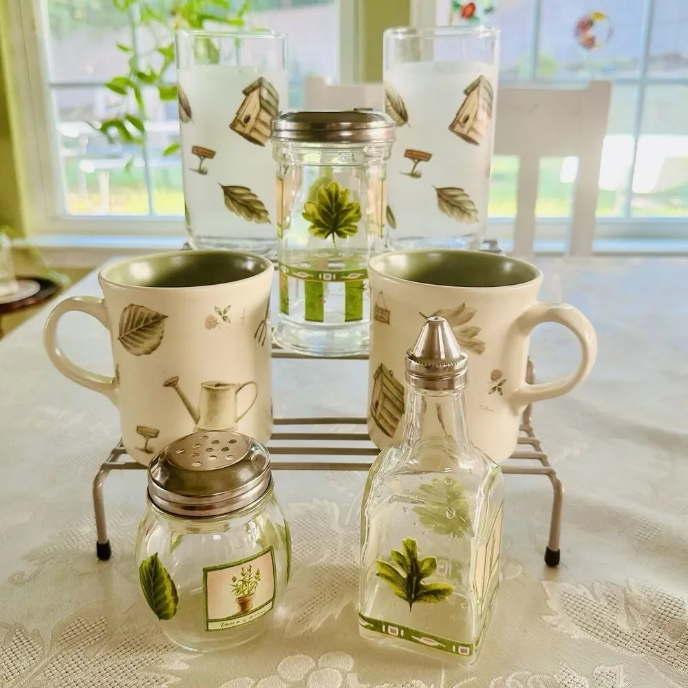VTG Libbey Pfaltzgraff Naturewood 7pc Glassware Mug Lot Cruet Shaker Pristine